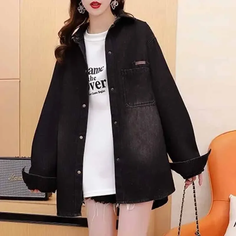 Female Autumn And Winter New Lazy Wind Fashion Thickening Cowboy Blouse Coat Women Loose Fitting Versatile Velvet Denim Shirts