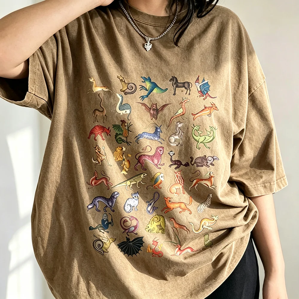 Vintage Washed Medieval Mythical Creatures T Shirt Retro Fantasy Monster Graphic Tee Casual Oversized Short Sleeve Cotton Tshirt
