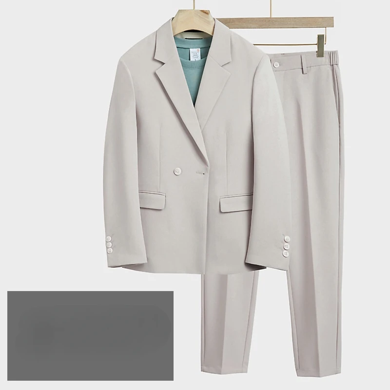 

Men's Casual Suit with Blazer and Elastic Waist Trousers, Korean Version, Monochromatic, Large Size, Loose, Breathable, Professi