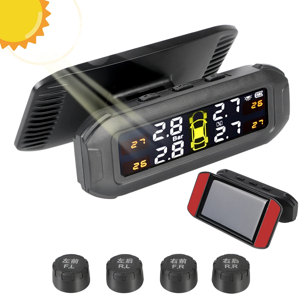 Solar TPMS Tire Pressure Monitoring System Car Tyre Pressure Monitor Temperature Warning Fuel Save With 4 External Sensors