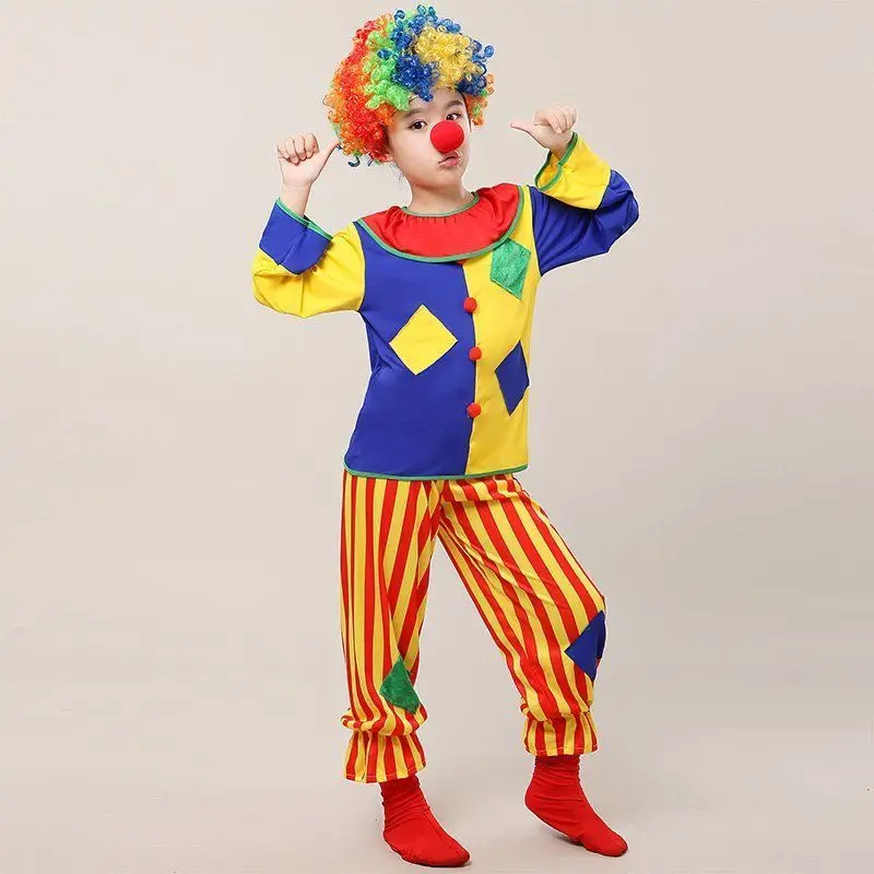 Halloween Funny Kids Clown Costume With Wig Nose Girls Boys Costume Games Party Clothes Christmas Party