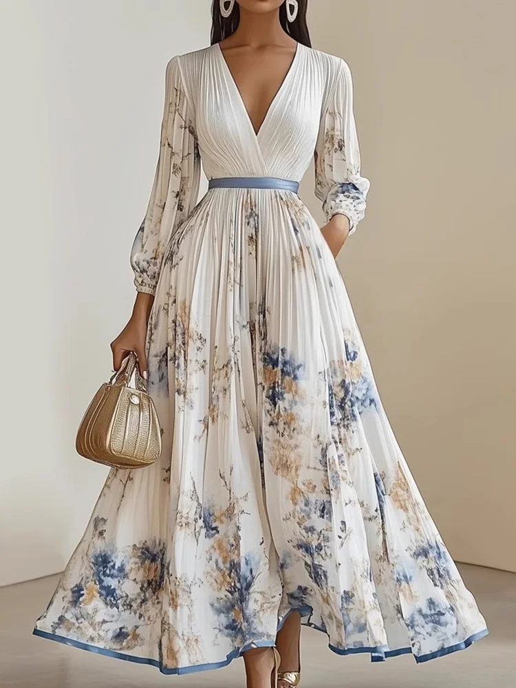 ฤดูใบไม้ผลิฤดูร้อนใหม่แขนยาวชุดพรรคเรียบง่ายผู้หญิงลึก V คอ Chic พิมพ์ชุด Maxi, 2025 Patchwork แฟชั่นสุภาพสตรีชุด