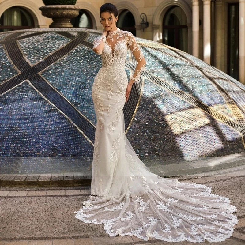 فستان زفاف بوهو بأكمام طويلة مزين بالدانتيل فستان زفاف حورية البحر الوهم الخلفي للشاطئ فيستدوس دي نوفيا حسب الطلب