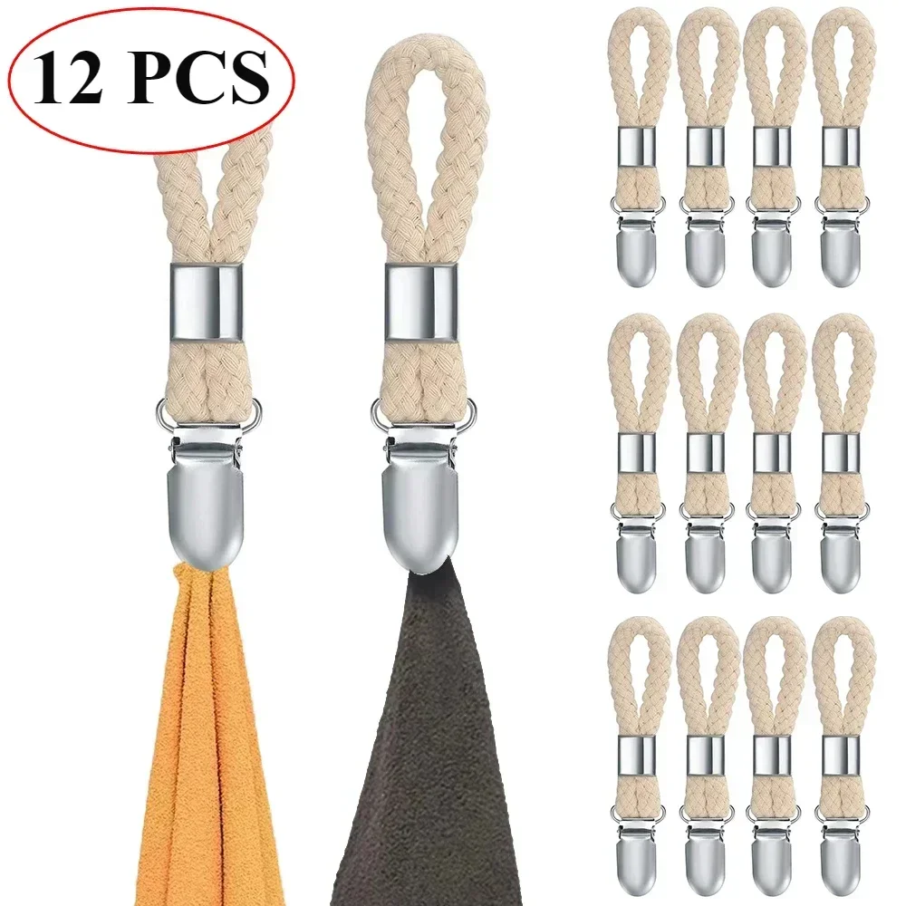 4/12pc Towel Hanging Clips Clamps Braided Multipurpose Cotton Loop Metal Hook Kitchen Bathroom Storage Clips Sock Clothes Hanger