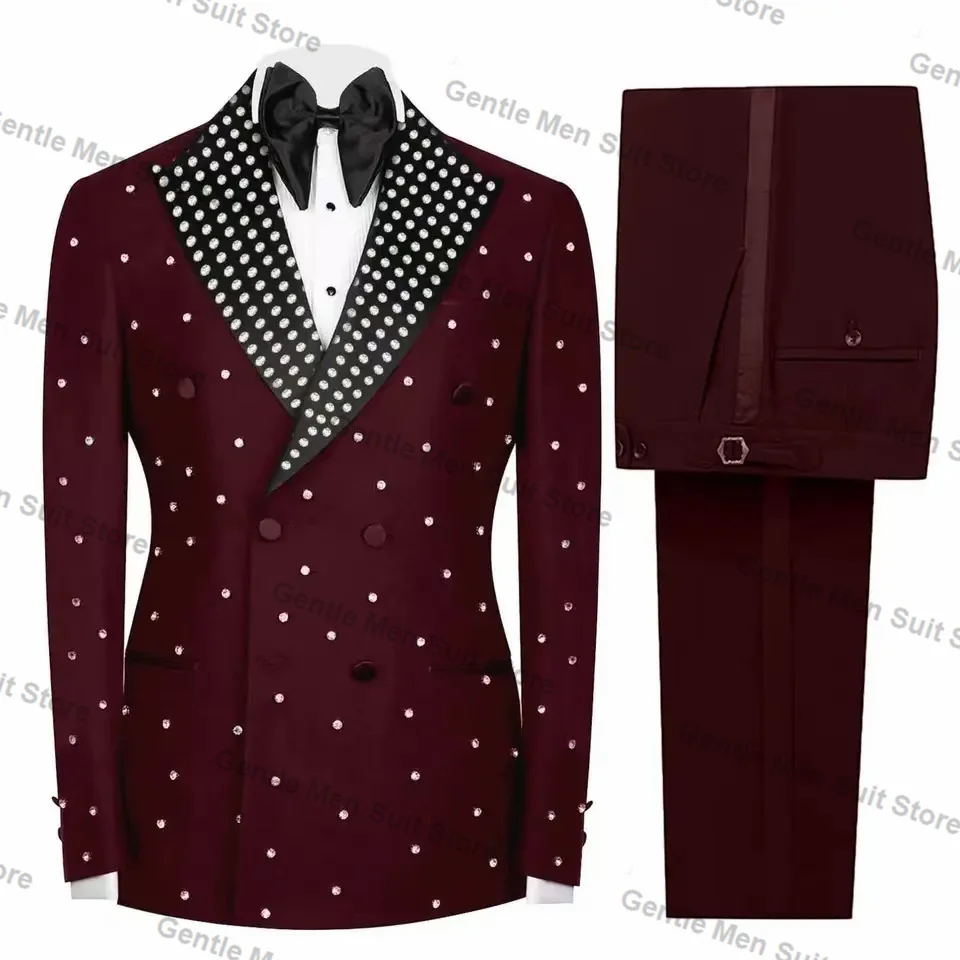 Burgundy Men Suits 2 Piece Blazer+Pants Luxury Crystals Prom Wedding Tuxedo Coat Custom Made Formal Office Jacket Trousers