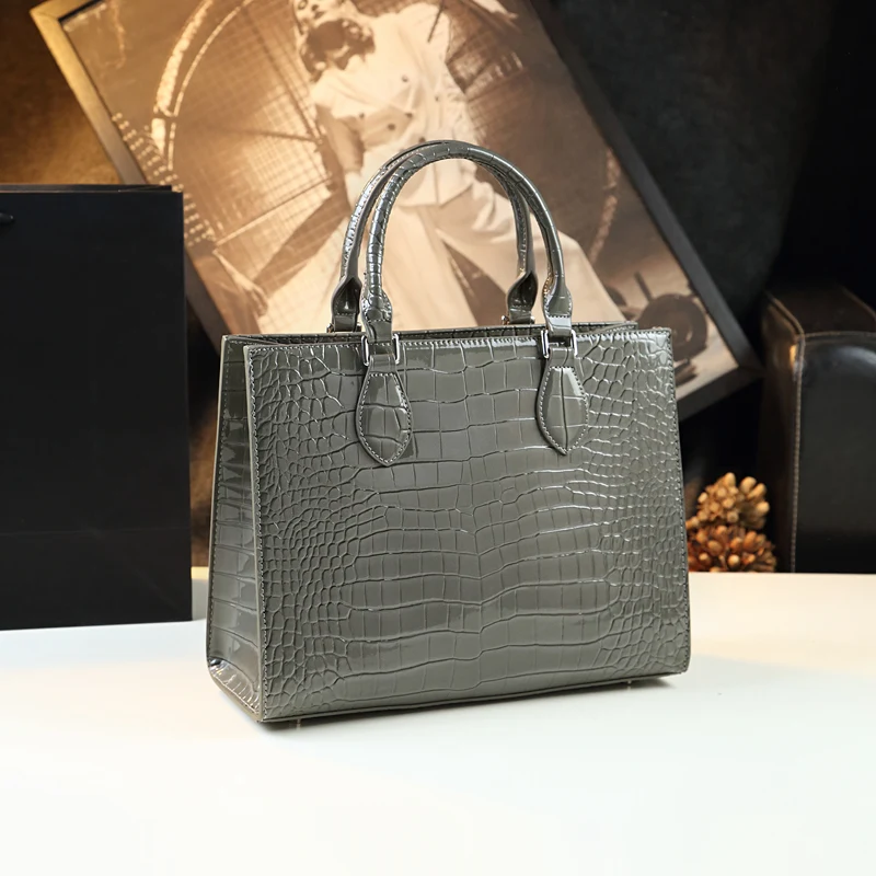 Gray Crocodile Pattern Leather Women Handbags Luxury Fashion Lady Tote Bag Large Capacity Mom Shoulder Messenger Bags