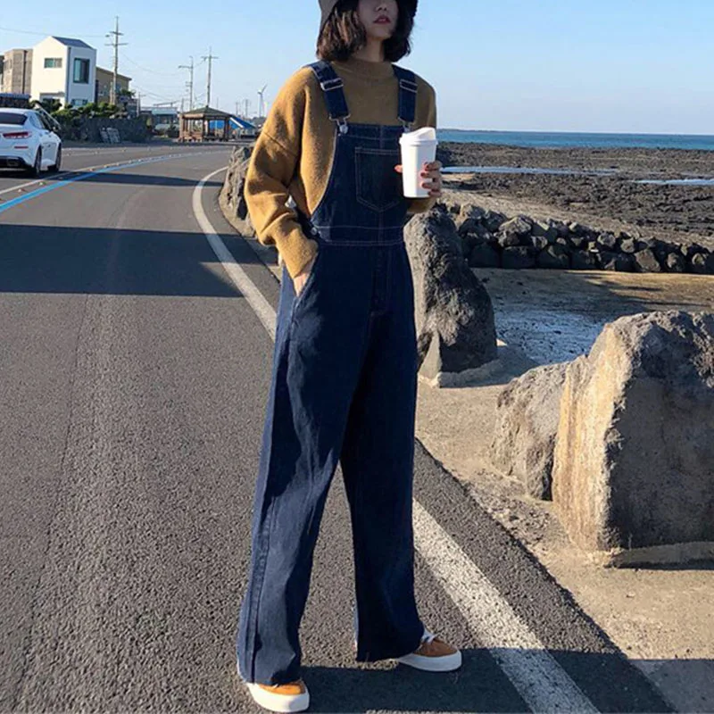 

Модный свободный джинсовый комбинезон с прямыми штанинами, женский весенне-осенний новый корейский комбинезон с высокой талией, девять очков, материал из искусственной кожи