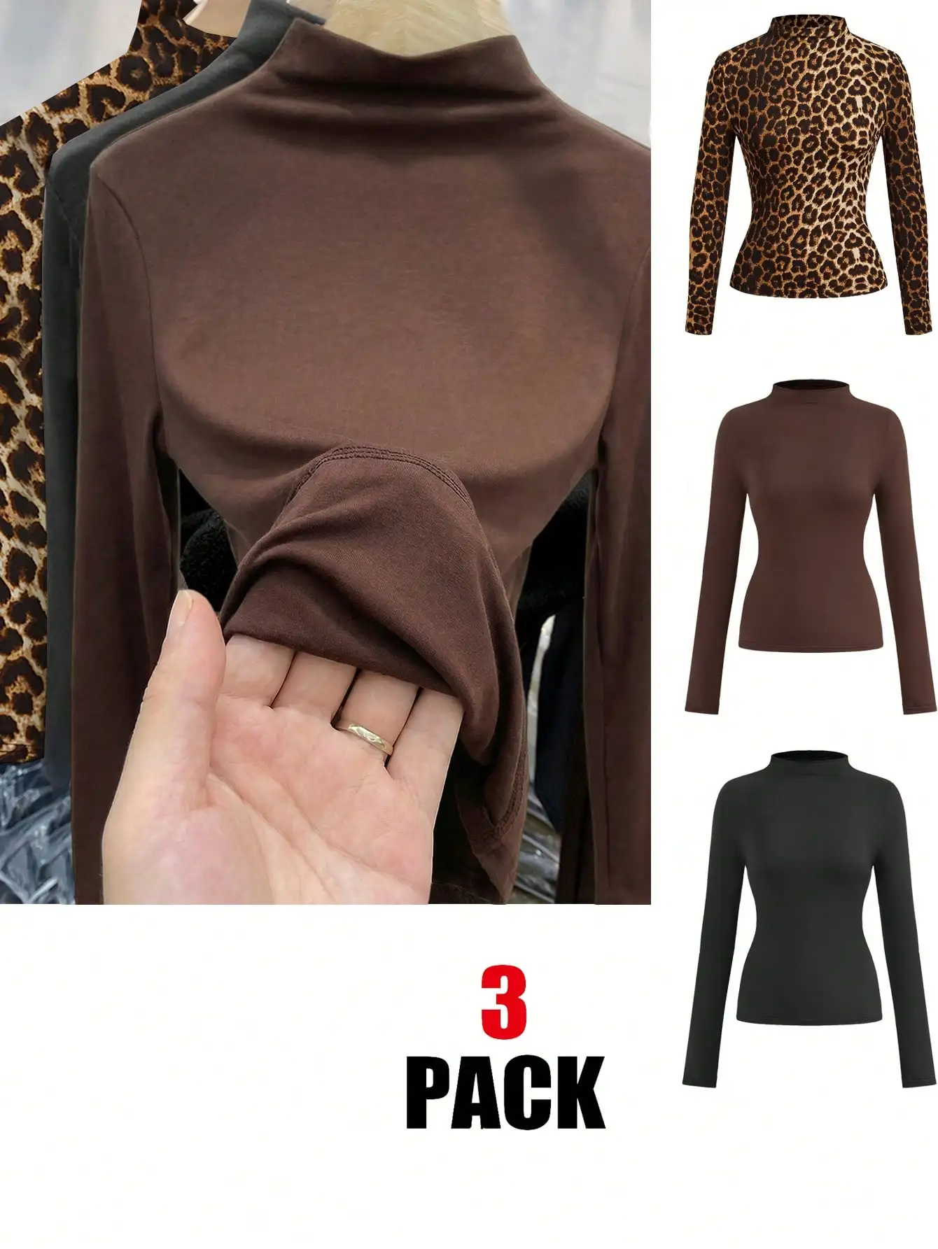 

3-Pack Women's Long Sleeve Turtle Neck Tops, Solid & Leopard Print, Autumn Winter Layering Tees