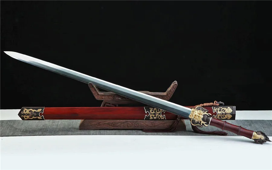 Very Beautiful Auspicious Gold Dragon Folded Steel Redwood Jian Octahedral Double Edge Sword