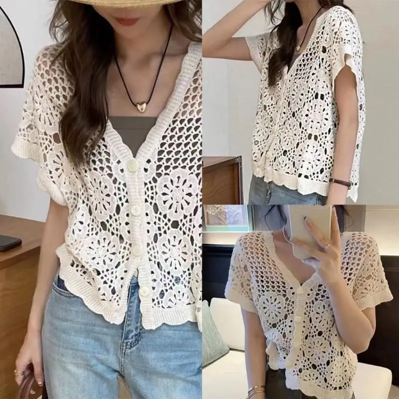 

270D Elegant Hollow Pattern Knitwear for Women Elegant Short Sleeve Cotton Cardigan