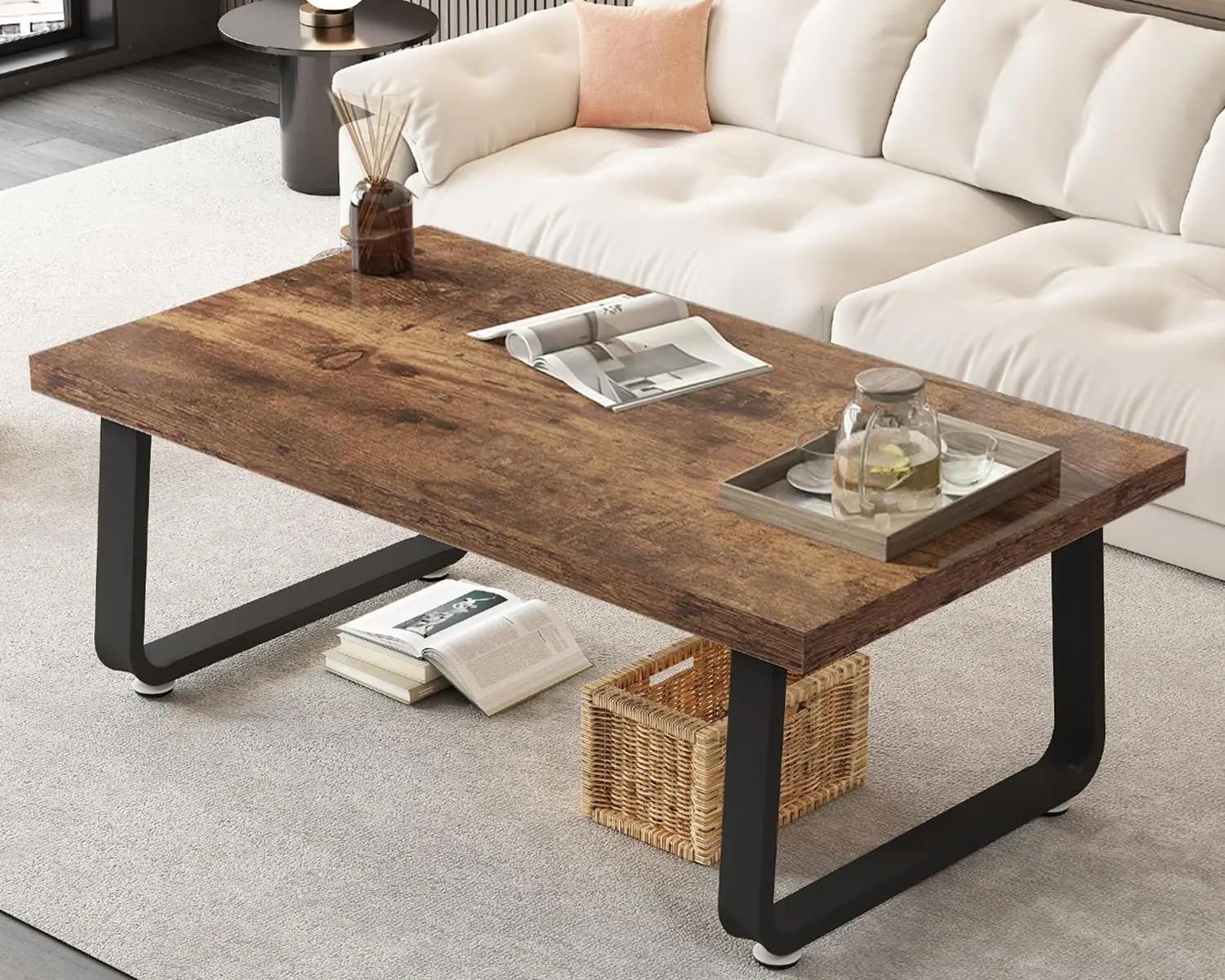 

Rustic Coffee Table, Industrial Wood and Metal Center Table, Farmhouse Minimalist Oak Coffee Table for Living Room