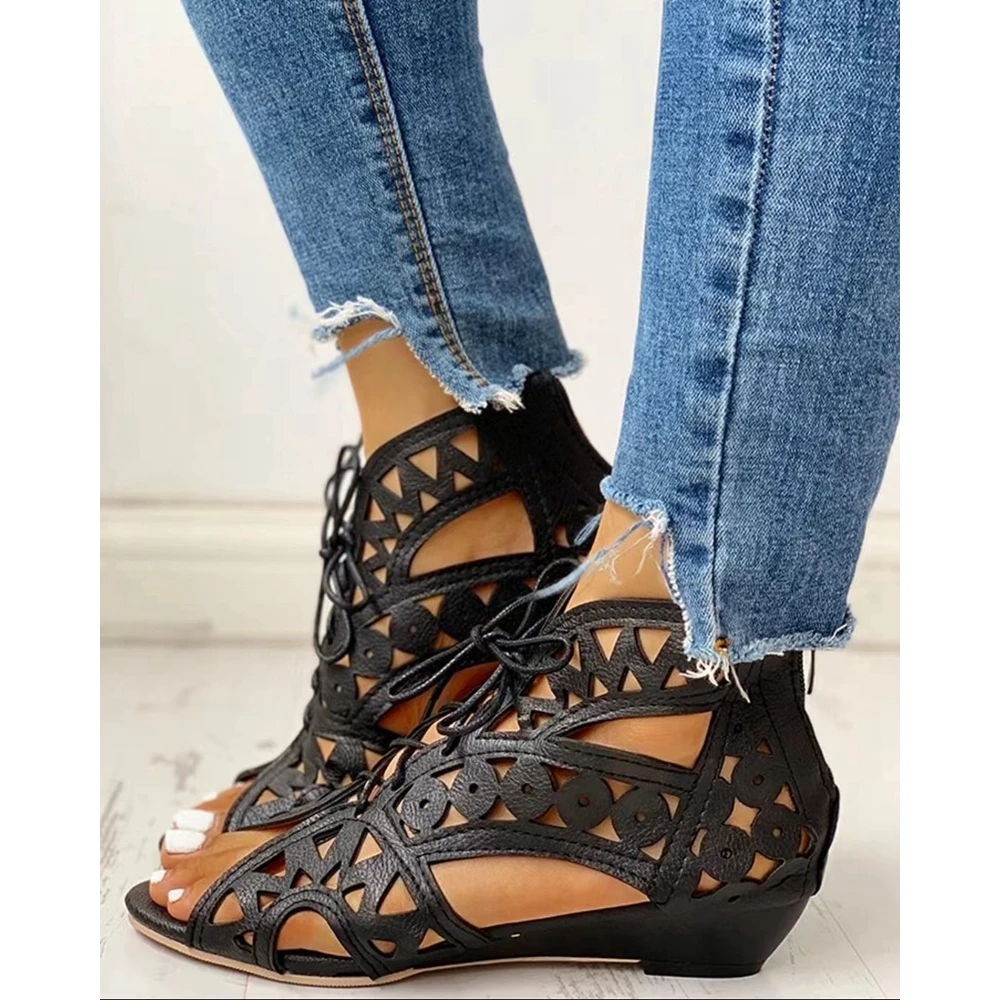 Women Hollow Out Lace-up PU Wedge Sandals Outdoor Beach Summer Lady Fashion Round Toe Zipper Back Cover Heel Going Out Shoes