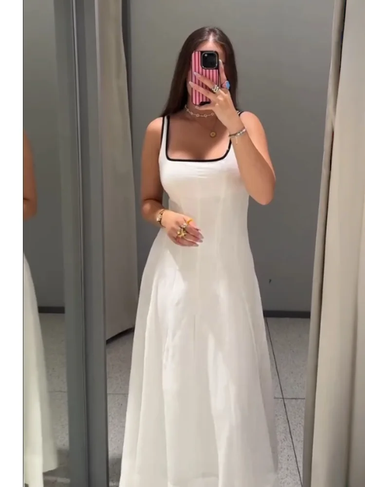 UNIZERAコントラストエッジミディドレス 2025夏新作 レディース カジュアル ルーズ サスペンダーワンピース