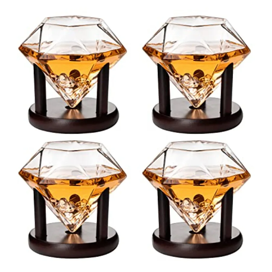 

Set of 4 Diamond Whiskey Wine Glasses With Wood Stands 10oz - Wine, Whiskey, Water, Diamond Shaped, Diamonds Collection Sparkle