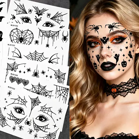 12 pcs Halloween Spider Series Temporary Face Tattoos Black Gothic Spider Web Bat Ghost Waterproof Realistic Fake Tattoo Decals