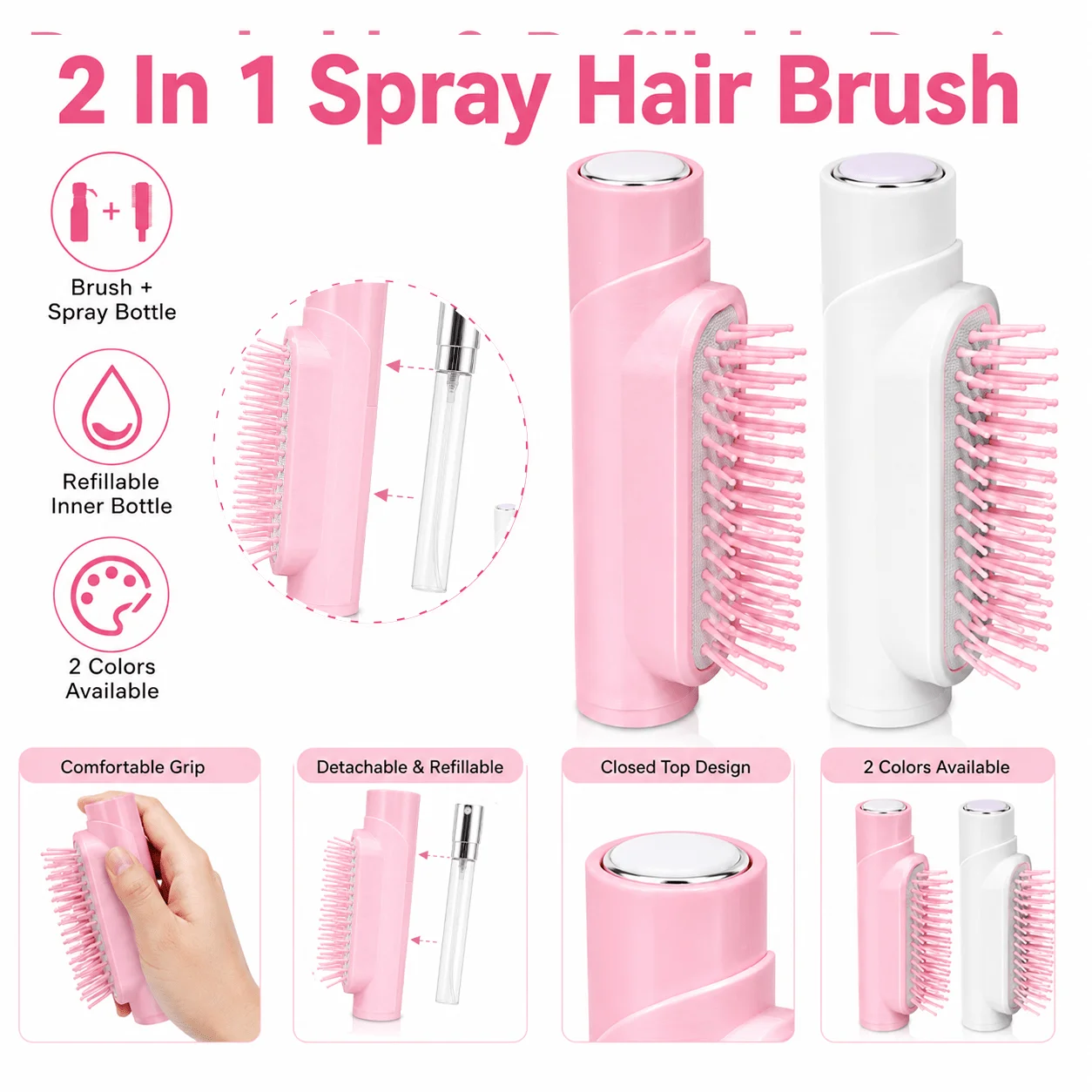 2 In 1 Refillable Spray Hair Brush Portable Detangling Massage Comb Fine Mist Water Spray Styling Comb for Home Travel Hair Care