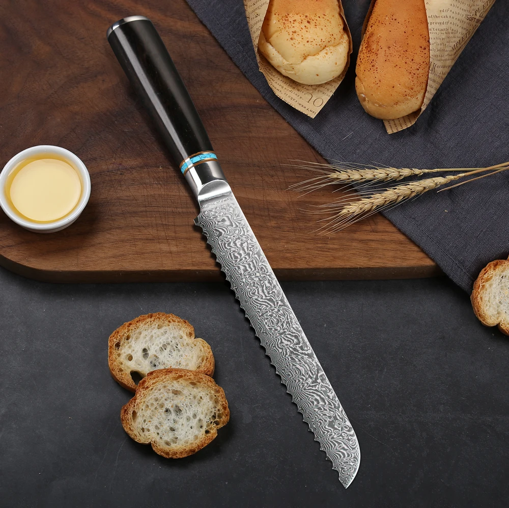 TURWHO 8-inch Bread Knife 67 Layer Damascus Steel Super Sharp Kitche Chef Knive Bread Toast Slicing Serratede with Ebony Handl