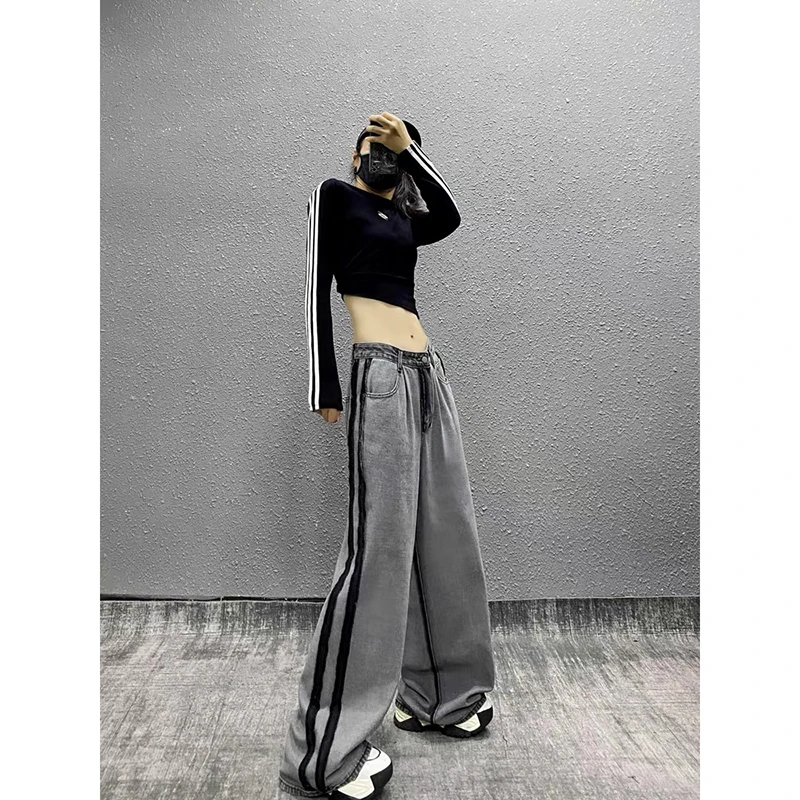 ZHIZOU, pantalones vaqueros holgados a rayas grises para mujer Y2K American Harajuku High Street 90s, pantalones vaqueros de pierna ancha holgados Retro estéticos, ropa