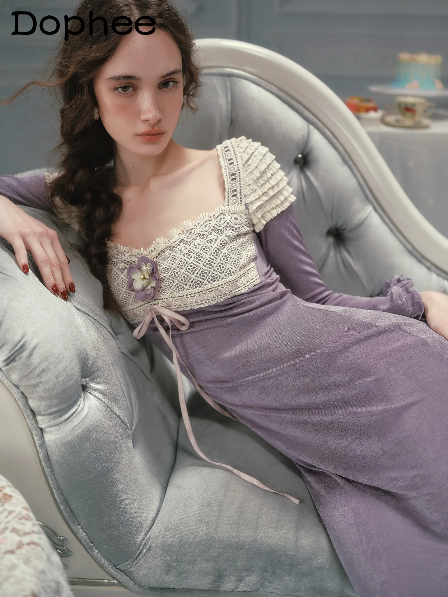 

French Country Style Lace Trim Retro Knitted Mermaid Dress 2026 Spring New Sweet Versatil Daily Commuter Ladies Long Dress