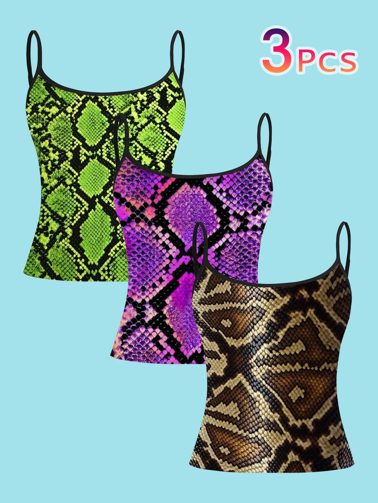 3-Pack Snake Skin Pattern Python Print Thin Camisole Tank Tops in Fluorescent Green, Purple, Pink, and Brown Animal Print Slim Fit Sleeveless Tops Y2K Cool and Stylish Inner Wear or Outerwear Base Layer