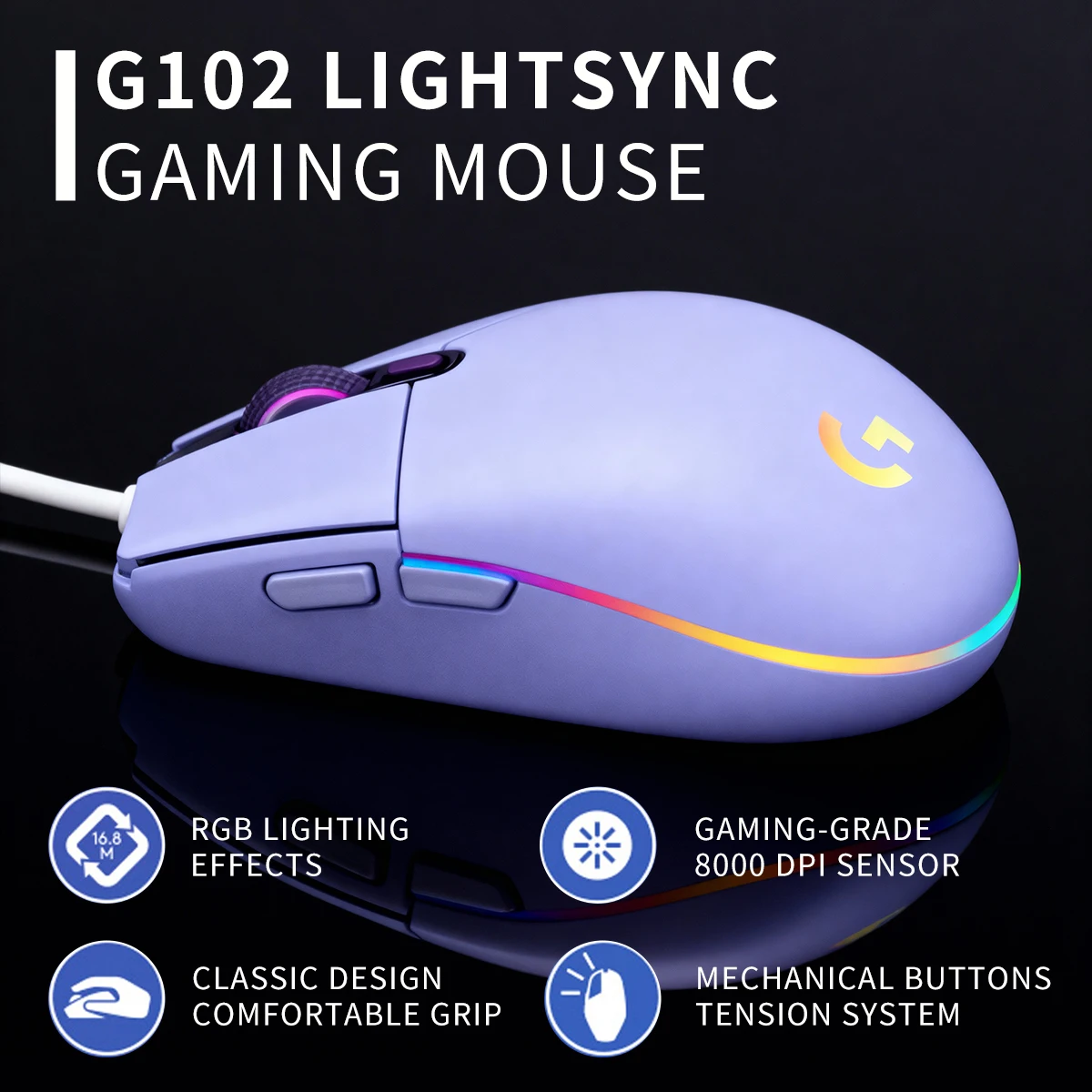 لوجيتك G102 ماوس ألعاب سلكي RGB إضاءة 6 أزرار قابلة للبرمجة 8000 ديسيبل متوحد الخواص قابل للتعديل مريح مناسب لأجهزة الكمبيوتر المحمول المكتبية