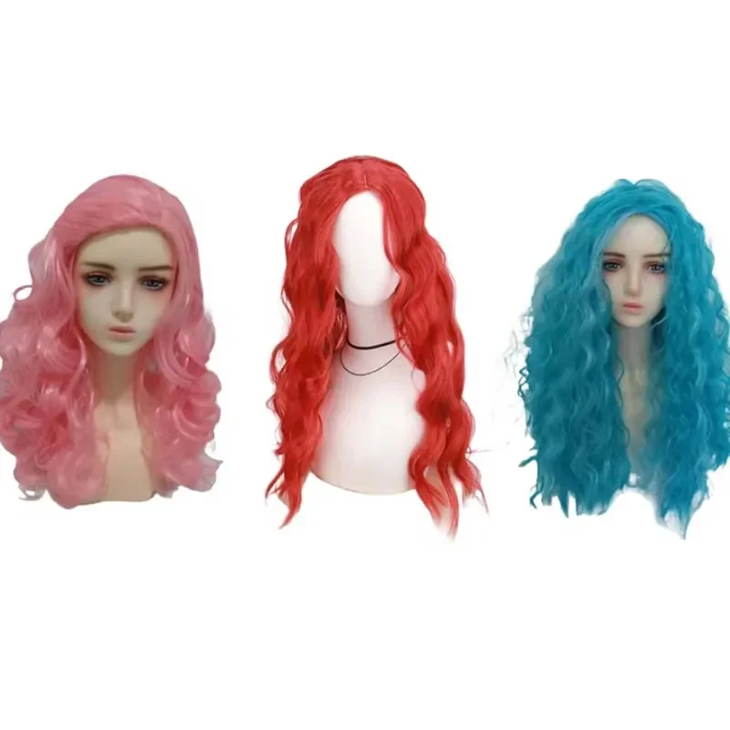 소녀들을 위한 애니메이션 코스프레 가발 빨간 머리 할로윈 긴 곱슬 웨이브 가발 핑크 블루 내열성 합성 머리 크리스마스 헤드피스