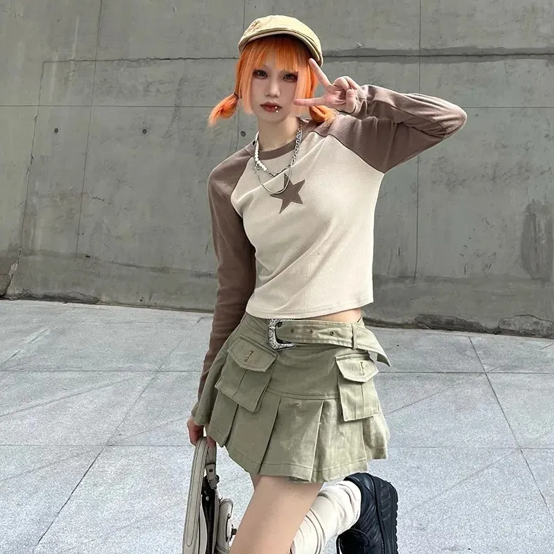 

Y2K европейская и американская осенняя новая наклейка со звездами, персонализированный уличный топ для девочек, контрастный женский топ с длинными рукавами и круглым вырезом