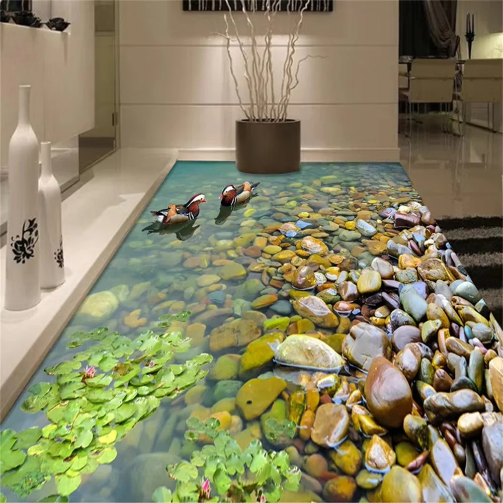 Custom 3D Floor Mandarin Duck Bathing Wallpaper Bathroom Self-adhesive Flooring Thickened stone path pebble petal papel de pared