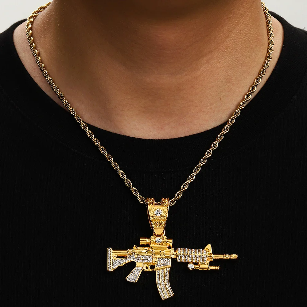 KITYKISS mechanical gun-shaped pendant, all-alloy and all-diamond Cuban chain, hip-hop style men's jewelry.