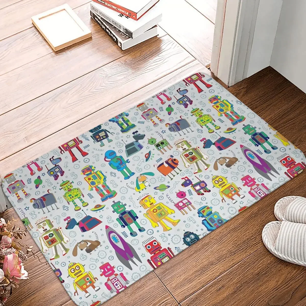 Bath Mat Robots In Space Grey Fun Robot Pattern By Cecca Designs Rug Home Doormat Living Room Carpet Decoration