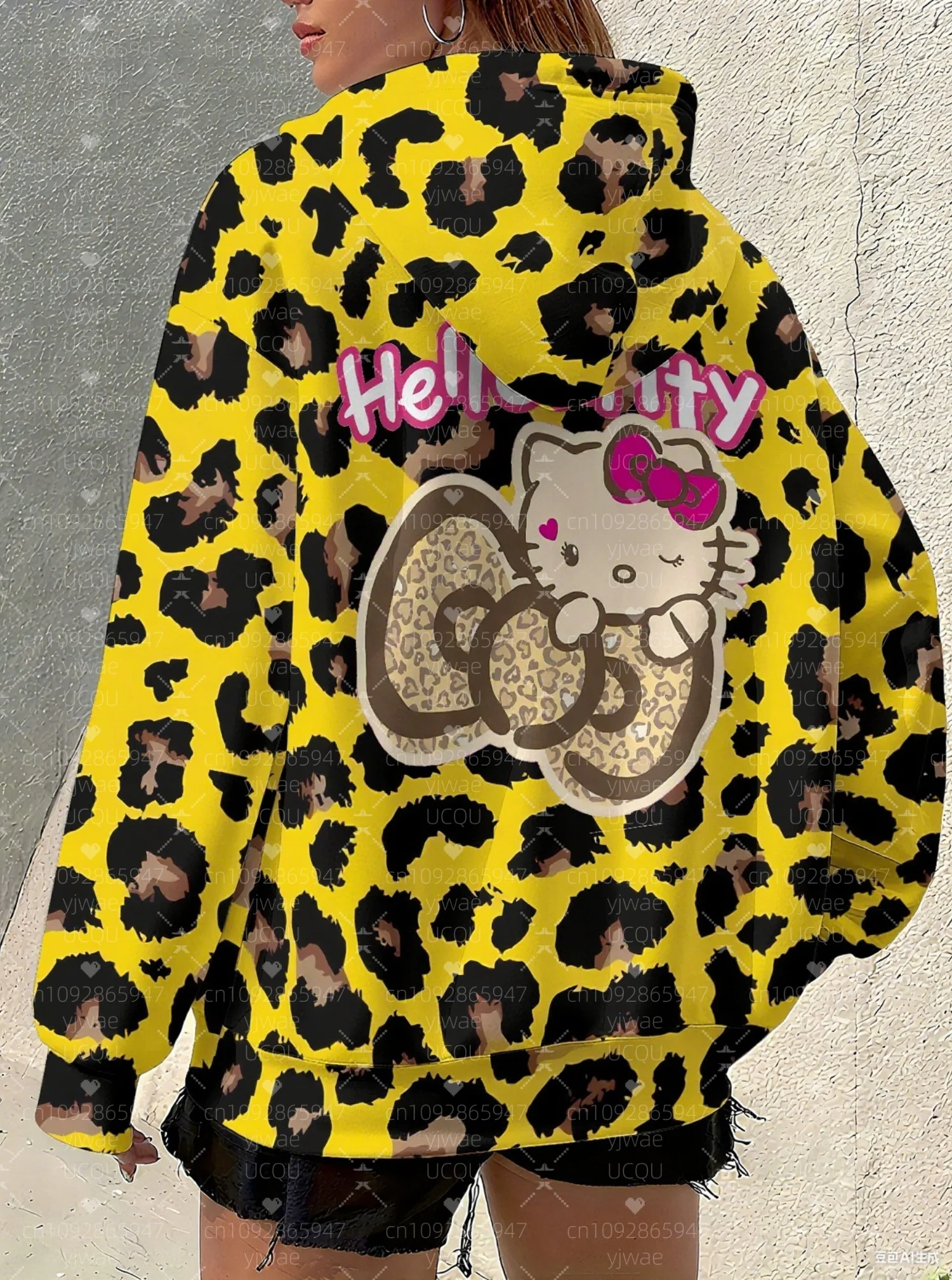 2025 mulheres plus size leopardo olá kitty impressão moletom com capuz ao ar livre all-match hoodie feminino menina topos roupas femininas
