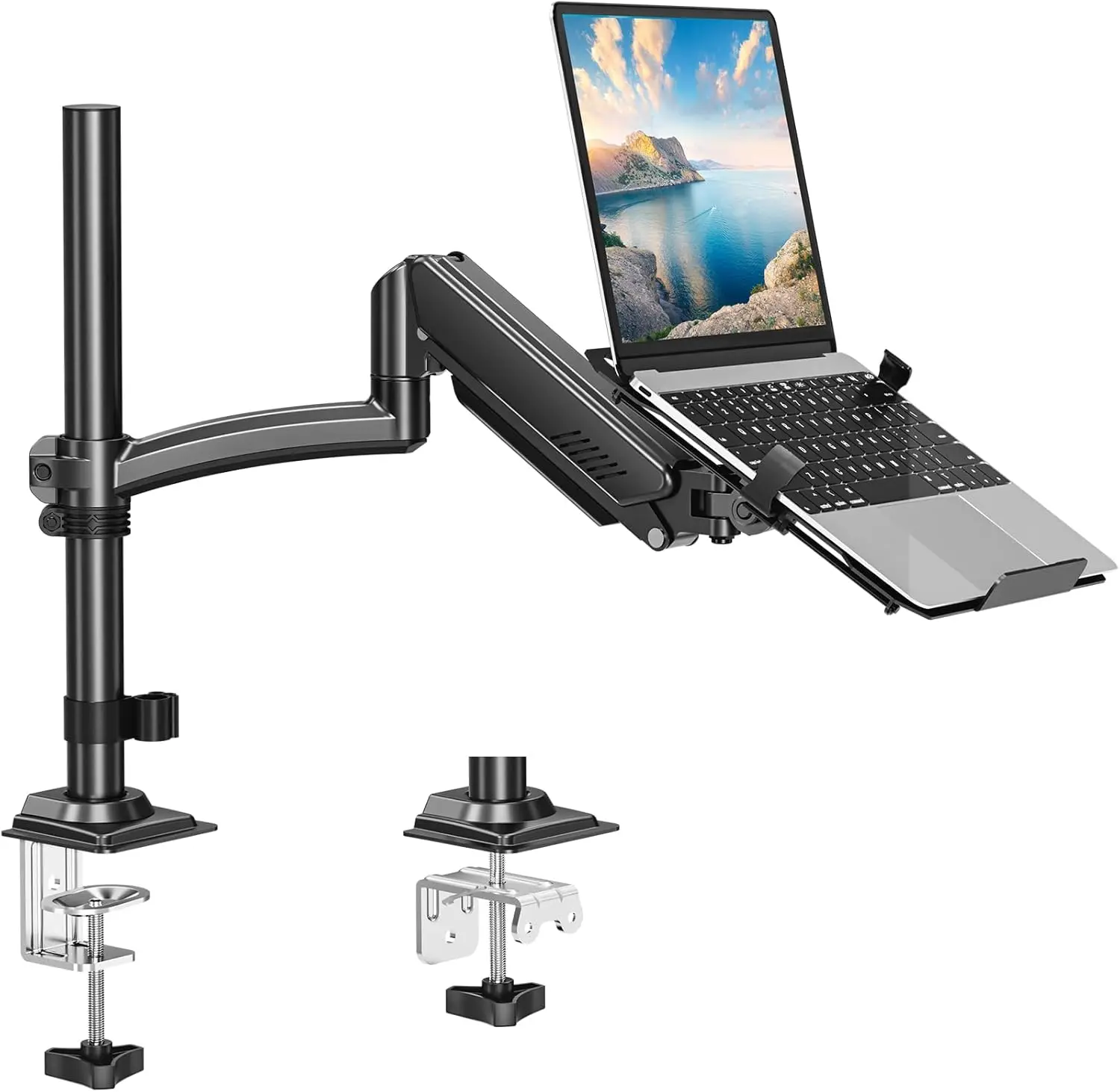 

Adjustable Laptop Arm Desk Mount with VESA Tray, Holds 22lbs 17" Notebook & 32" Monitor, Swivel Bracket, Clamp/Grommet Base