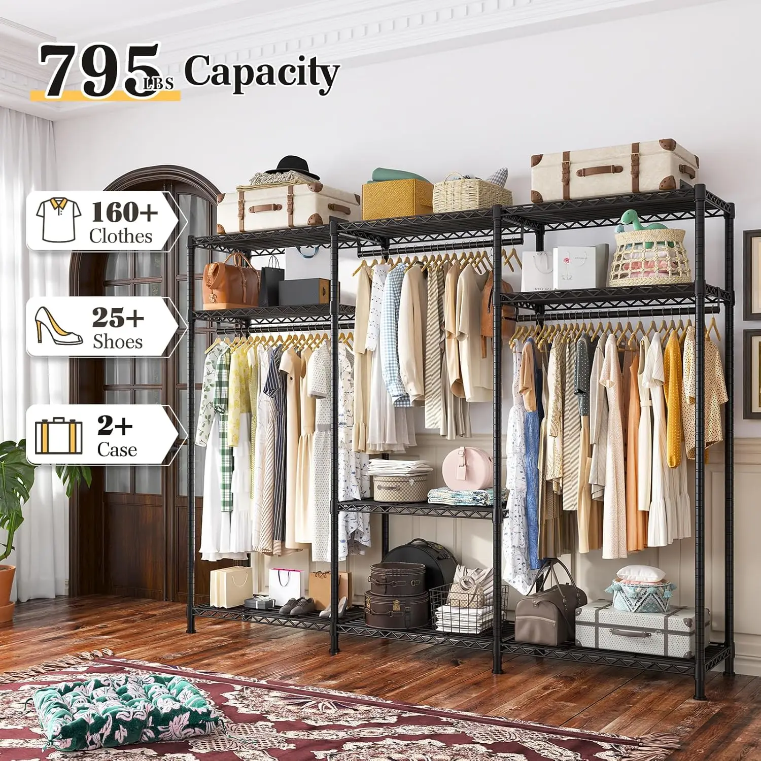 Clothes Rack Heavy Duty Clothing Rack Load 795LBS Clothing Racks for Hanging Clothes Adjustable Wardrobe Closet Portable