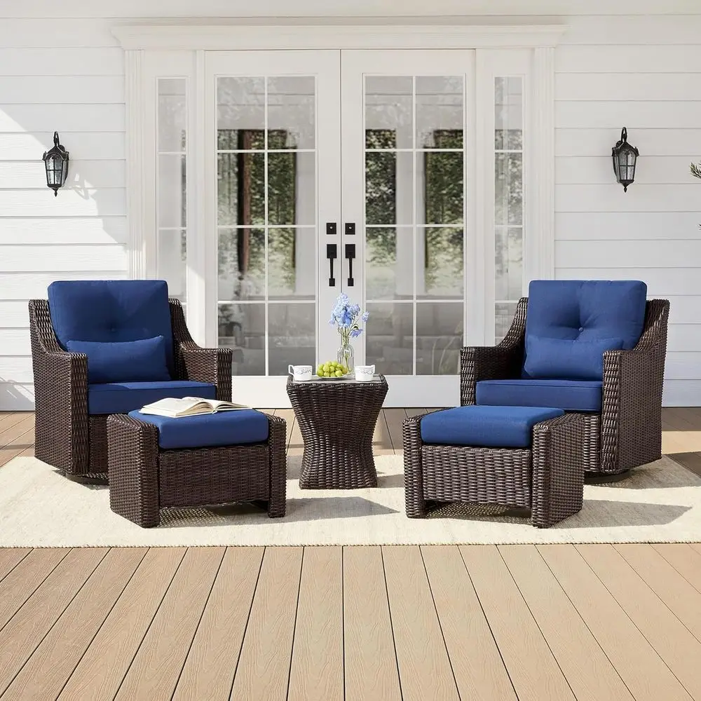 

5-Piece Swivel Wicker Patio Furniture Set with Rocking Chairs, Ottomans, Cushions, and Side Table