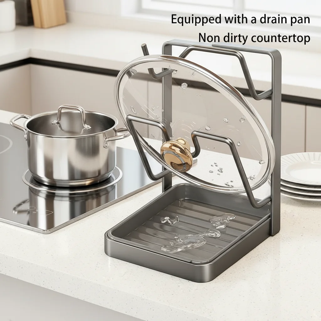 ​Kitchen Pot Lid Rack No Drill Pot Lid Organizer With Tray Lid Holder While Cooking Lid And Spoon Rest Kitchen Organizer Stand