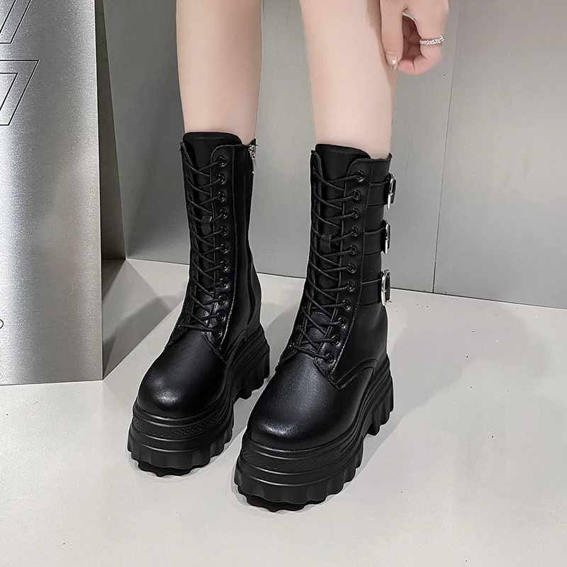 2023 Autumn Women Leather Ankle Boots Lace Up 12CM High Platform Punk Boots INS Hot Winter Chunky Motorcycle Boots Botas Mujer