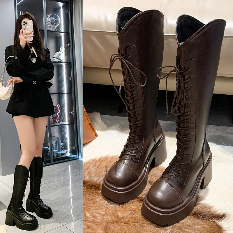 Women Boots Over Knee Shoes Flat Heel Winter Footwear  Round Toe Boots-Women Zipper Over-the-Knee Leather Med Ladies 2024 Lolita