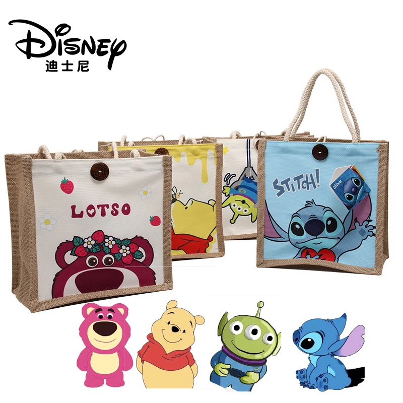 Disney-Bolso de mano de algodón de dibujos animados para niños, bolsa de almuerzo Kawaii, Lilo & Stitch, Winnie the Pooh, Lotso Alien