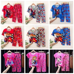 Children Pajamas Set Short Sleeve T Shirt Pant 2 Pcs Suit Boy Girl Cartoon Frozen Elsa Mickey Sofia Sleepwear Homewear Nightgown