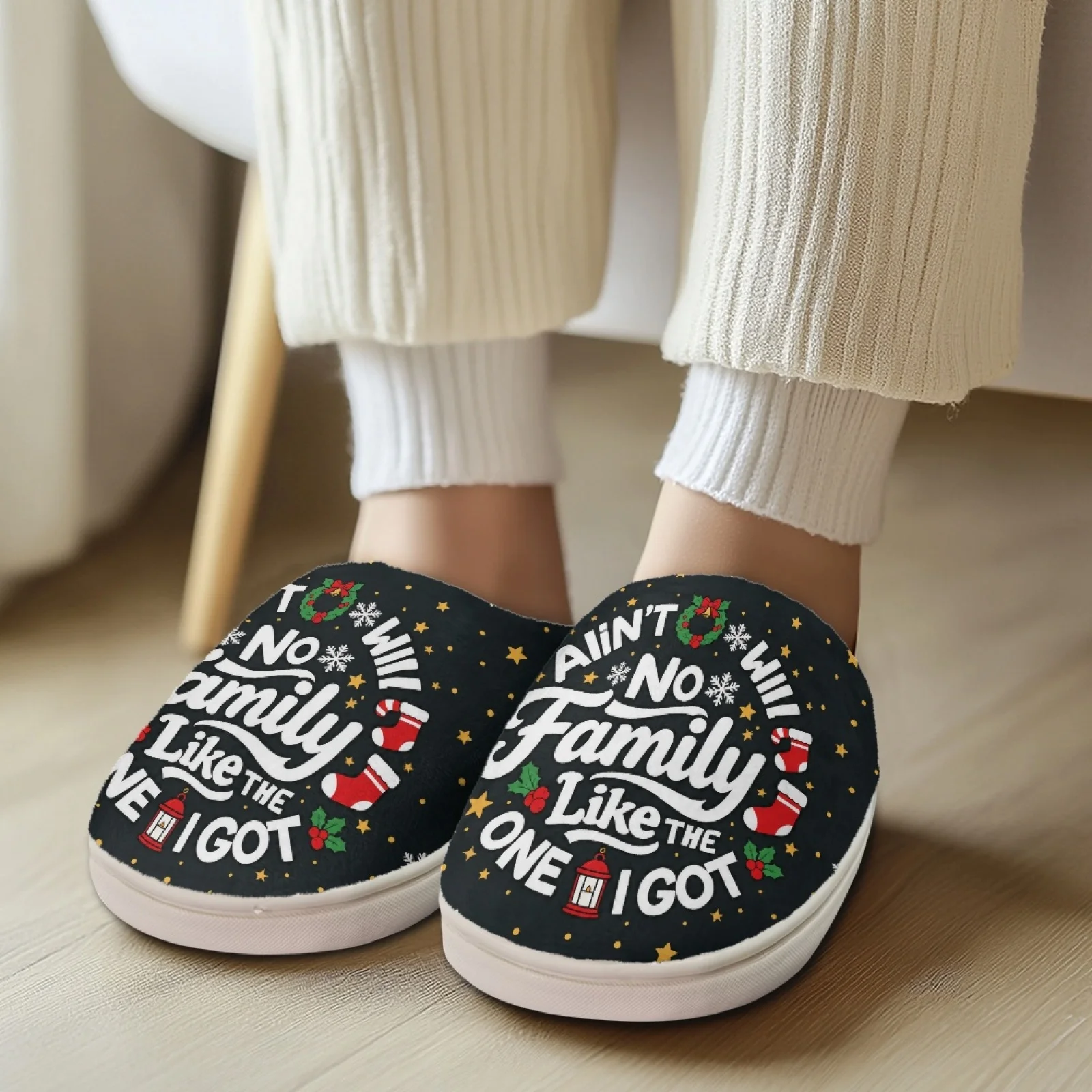 PENSTROLL Christmas Family Quote Non-Slip Plush Slippers Office Bedroom Shoes House Shoes That Don't Rub Top Of Foot Cozy Slides