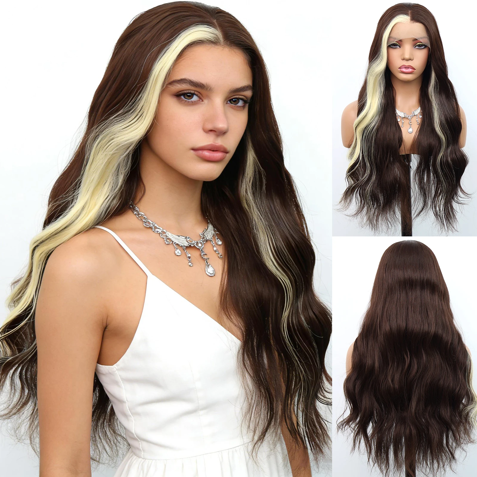 

Синтетический парик Aubree с кружевной передней частью для женщин, для повседневного использования, 28 дюймов, длинные волнистые коричневые волосы с прядью на макушке, предварительно сформированный, без клея