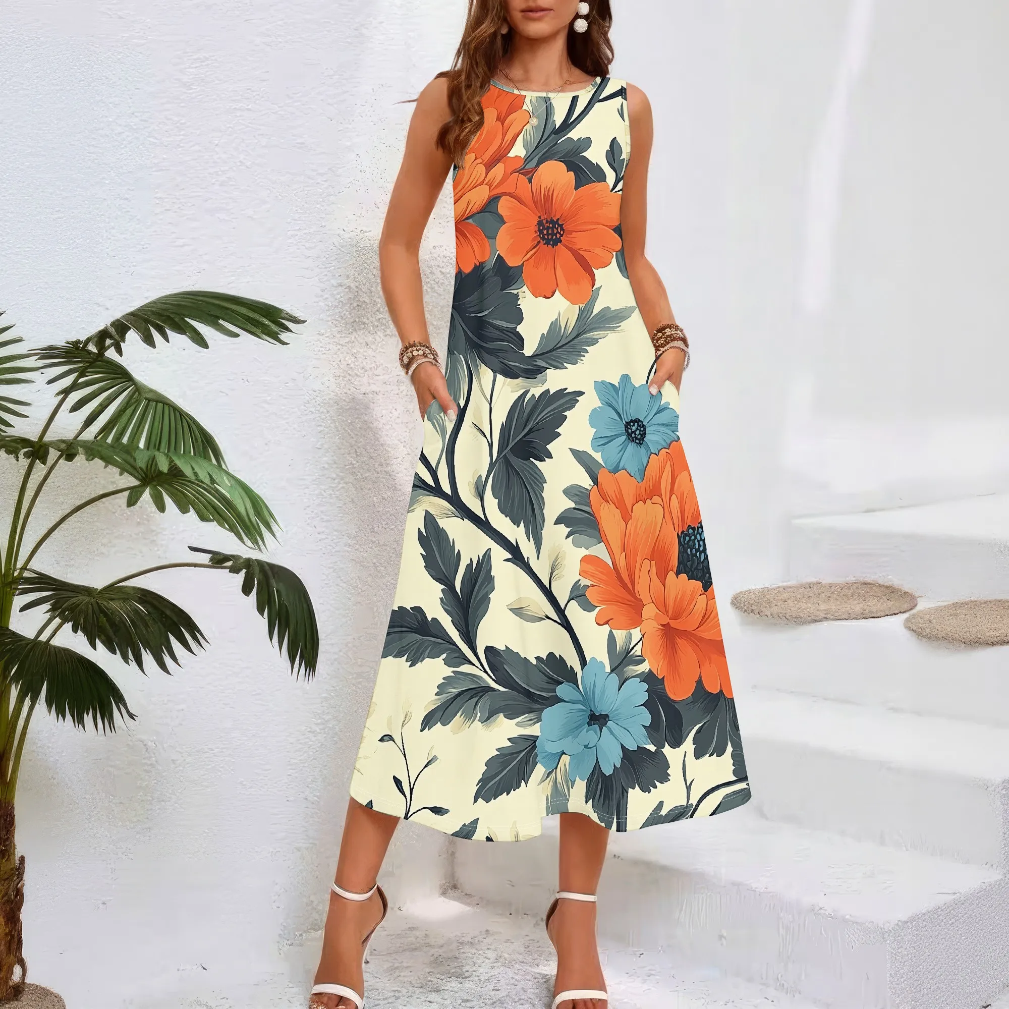 

Women casual loose round neck summer 3D geometric print black style sleeveless large swing dress (pocket)