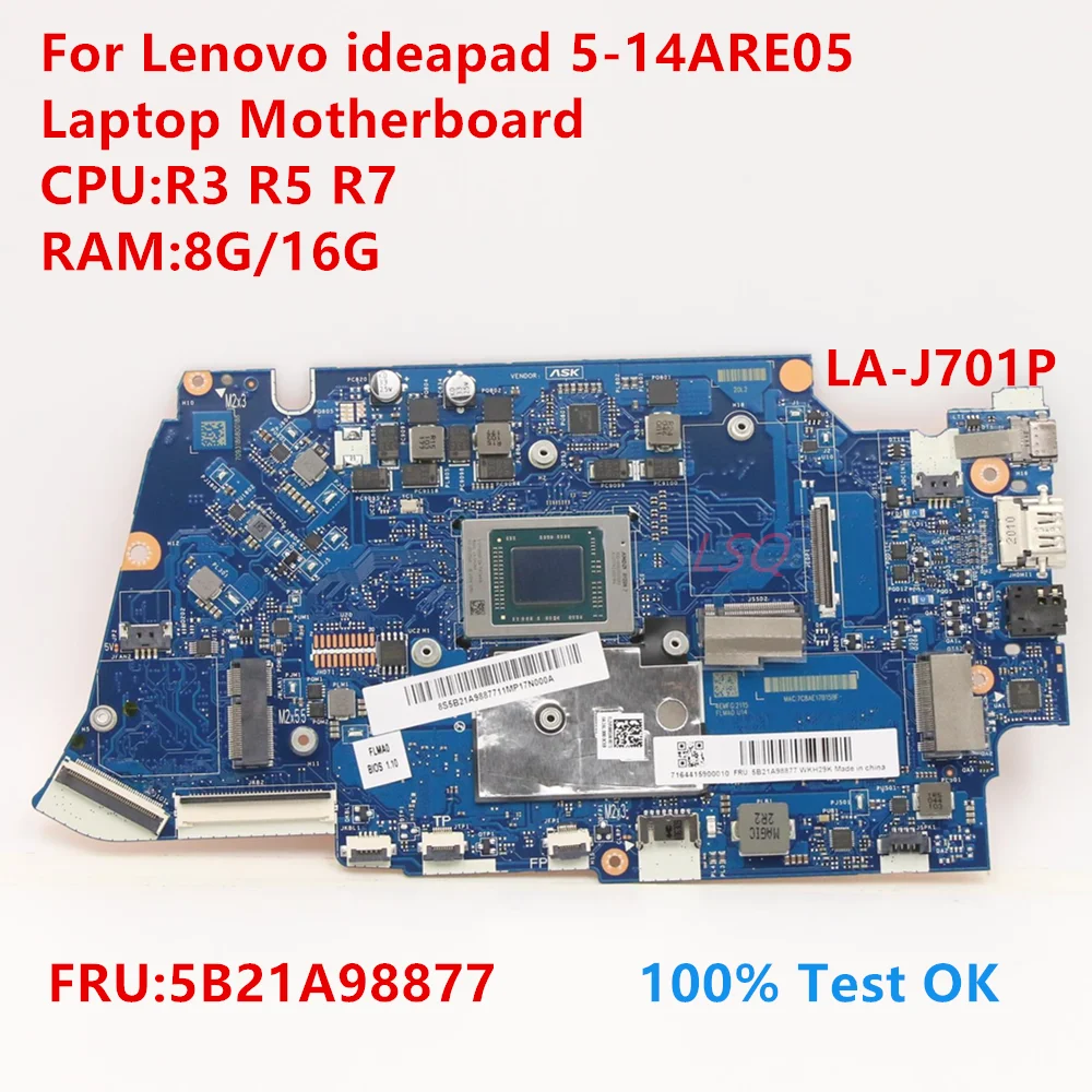 LA-J701P For Lenovo Ideapad 5-14ARE05 Laptop Motherboard With CPU:R3 R5 R7 FRU:5B21A98877 100% Test OK