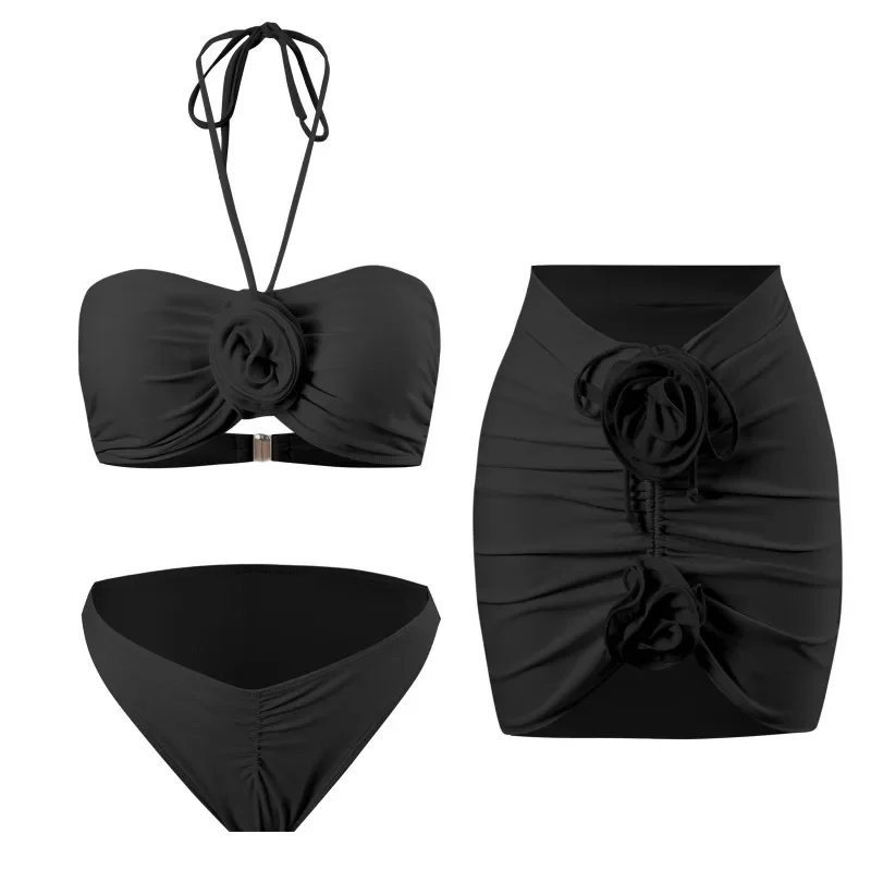 2025 Traje de baño de moda para mujer, conjuntos de Bikini de 3 piezas, trajes de baño con Control de barriga, trajes de baño de cintura alta, traje de baño de flores 3D, Bikinis