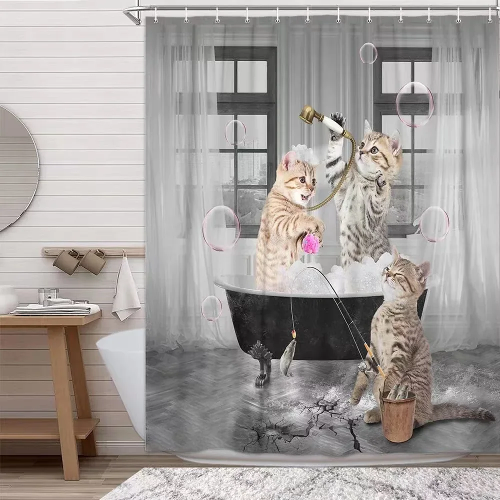 Funny Cat Shower Curtain Fun Animal in Bathtub with Fish Cloth Fabric Shower Curtain Hilarious Pet Bathroom Decor Set with Hooks