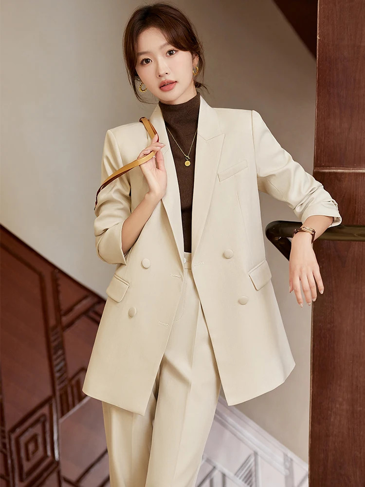 Fashion Ladies Pant Suit Women Pink Apricot Black Female Casual Jacket Blazer and Trouser 2 Piece Set