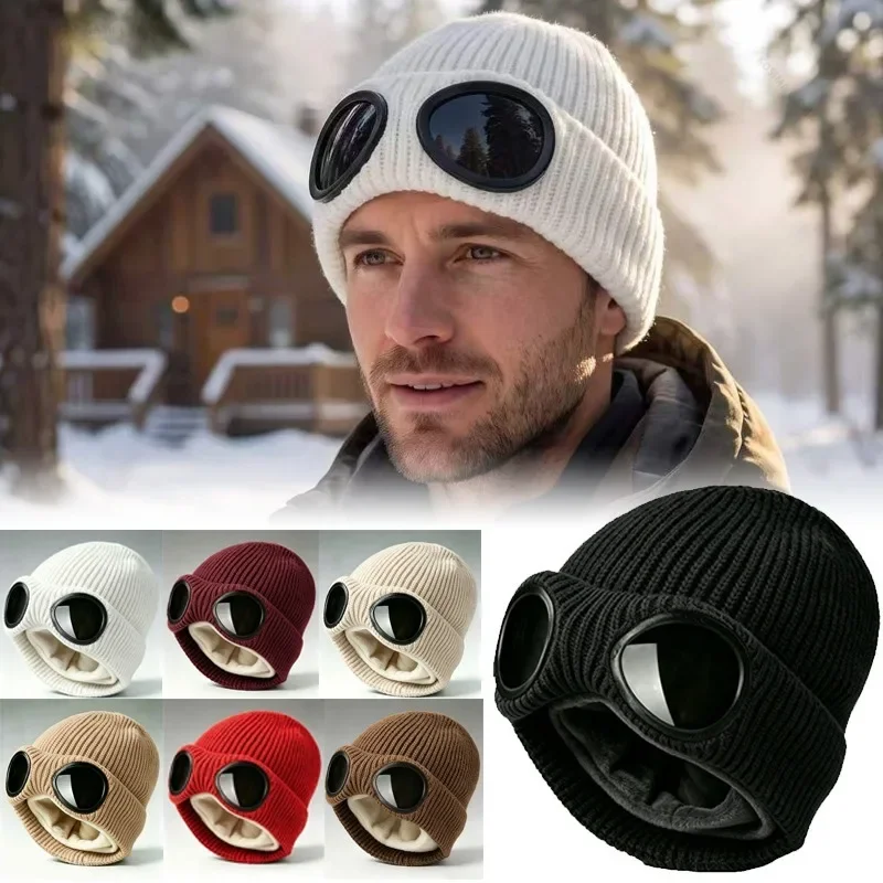 Winter Knitted Beanie Hat with Goggles for Men Women Windproof Warm Soft Anti-slip Ear Protection Outdoor Ski Snow Winter Hat