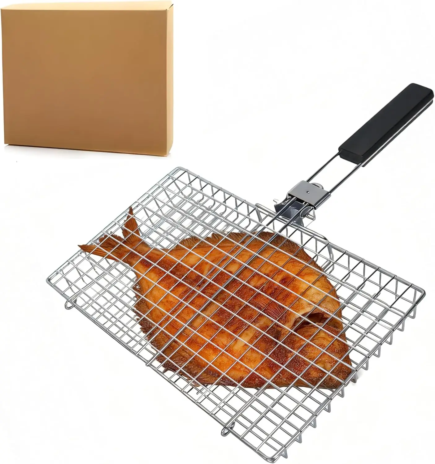 Square BBQ Fish Basket for Grilling suitable for camping | Portable stainless steel grill basket easy to clean, with a locking m