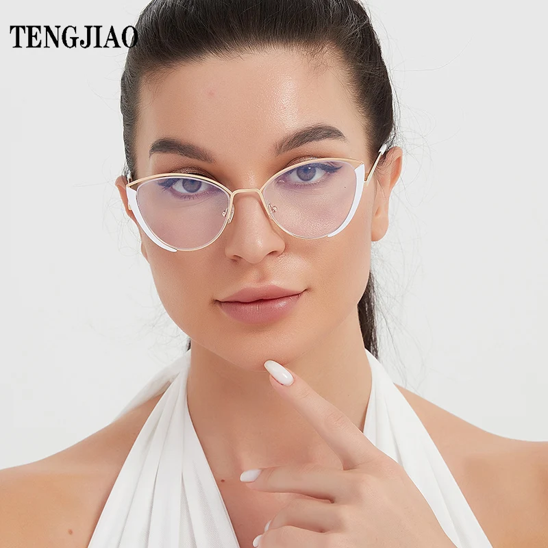 

TENGJIAO Eyeglasses Women Spectacle Frame Anti-Blue Light Rays Computer Optical Fashion Cat Eye Glasses Transparent Clear Lens