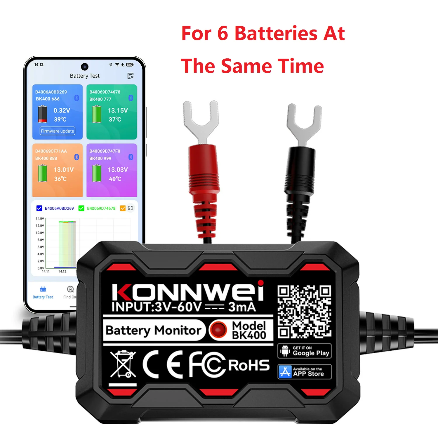 BK400 Car Battery Analyzer Monitor Tool All Auto Lead Acid Charging Cranking System 12V 24V for IOS Android Long Term Data Test